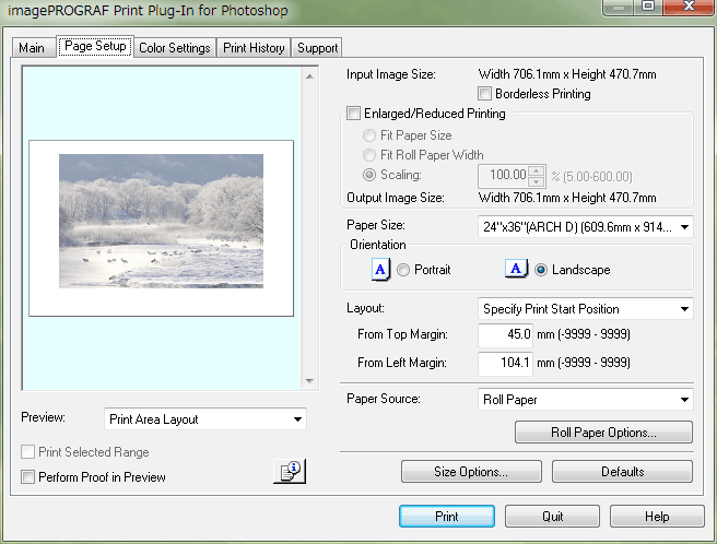 iPF6350 Photoshop Plugin Page Setup Screen