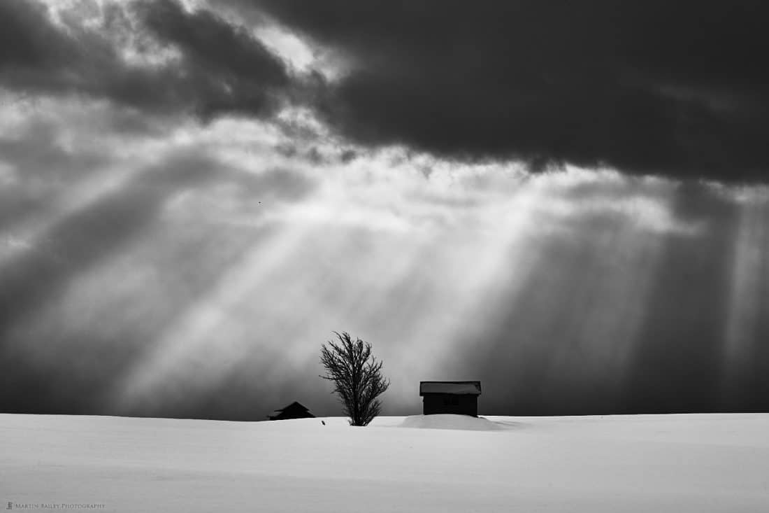 Huts and Tree in Crepuscular Rays