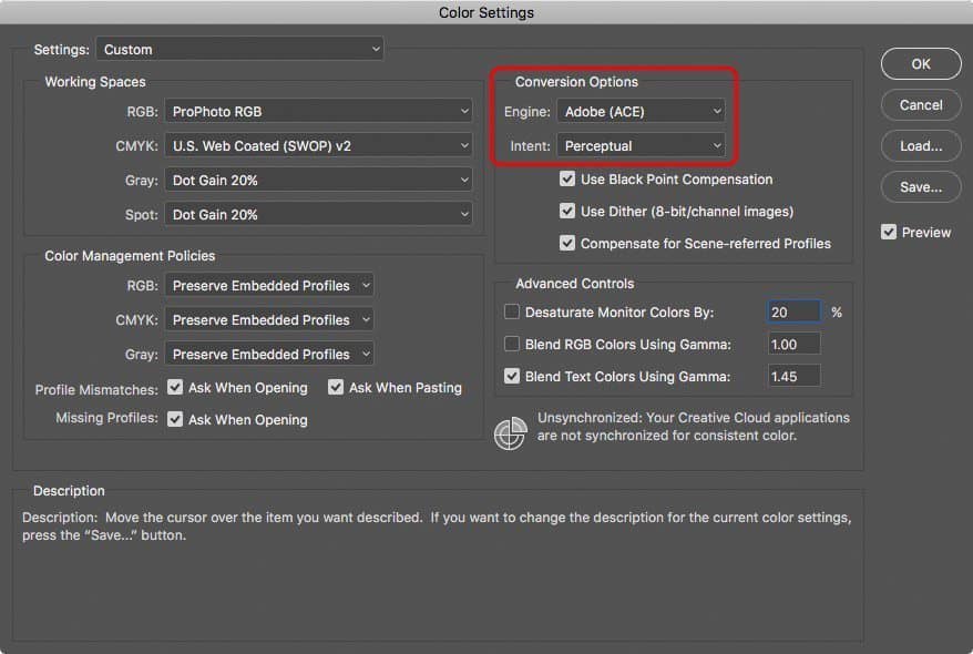 Adobe Photoshop Color Settings Dialog