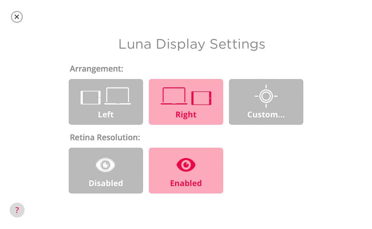 Luna Display Settings Screen