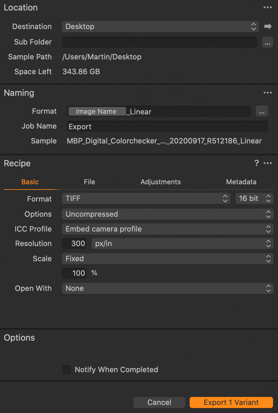 Exporting TIFF 16bit with Embedded Camera Profile