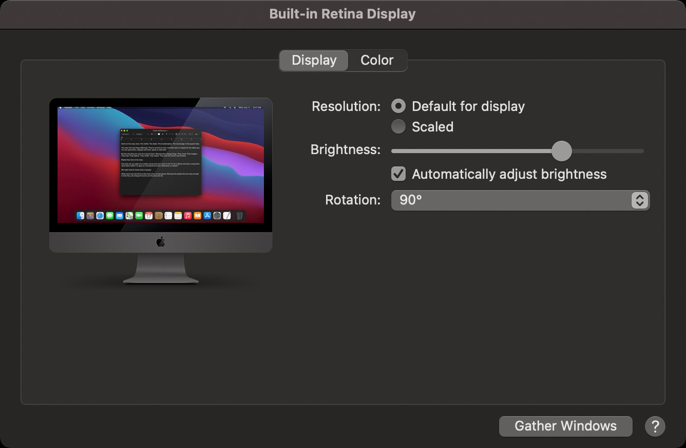 iMac Display Preferences with Rotation